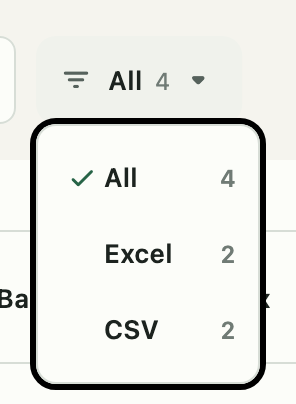The type filter open, showing All 4, Excel 2, CSV 2.