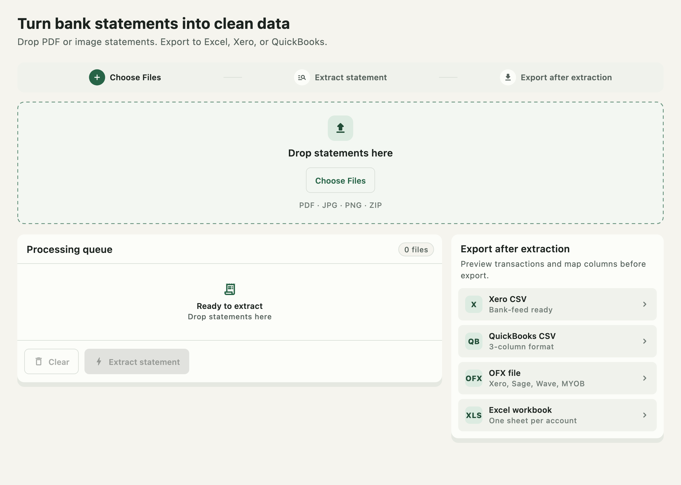 BankStmt Desktop showing the local file drop area, processing queue, and Excel, Xero, QuickBooks, and OFX export choices