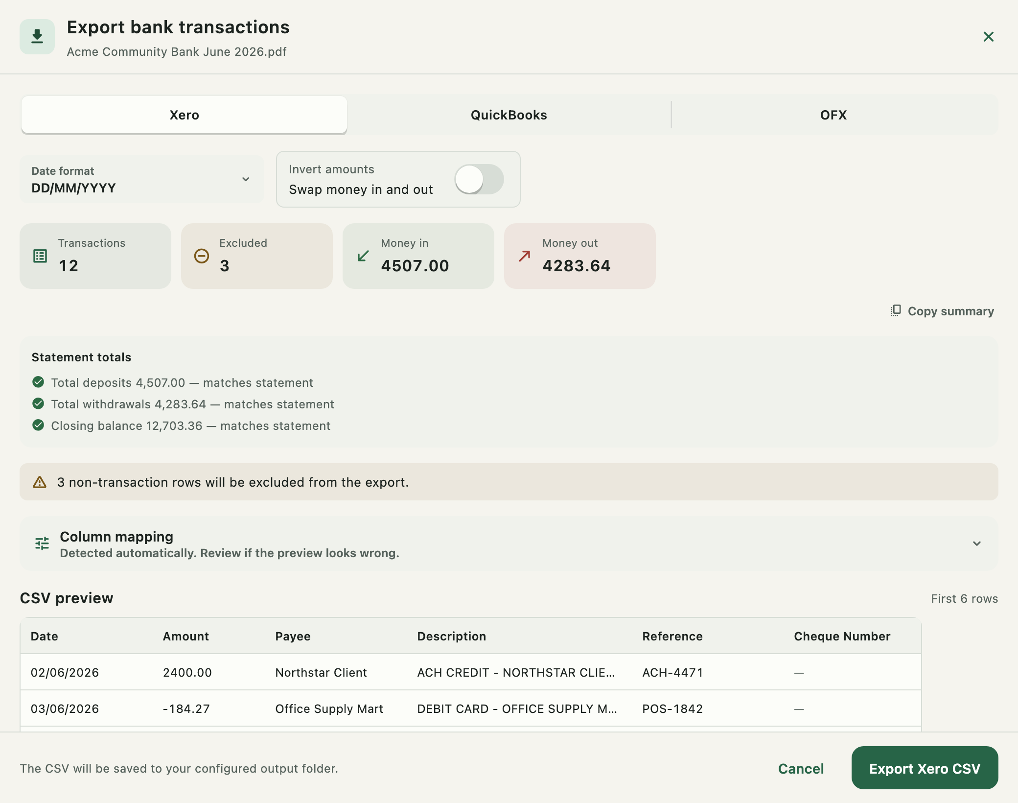 BankStmt Desktop export review showing matching deposits, withdrawals, and closing balance
